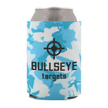 Foam blue camo can cooler with custom logo.