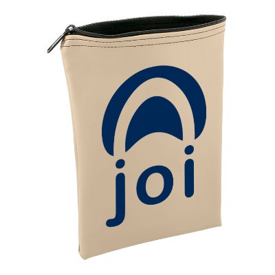 Tan vinyl pouch with a custom imprint.