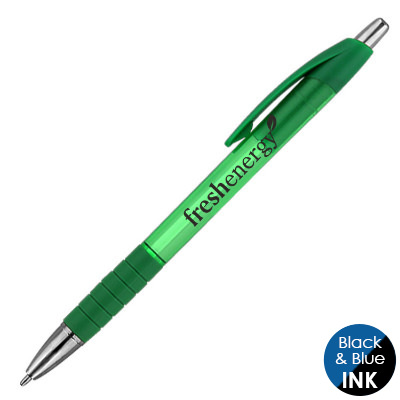 Translucent colorful pen with branded imprint.
