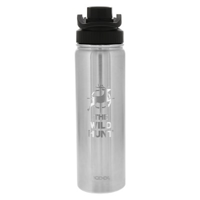 Stainless steel bottle with custom engraved logo.