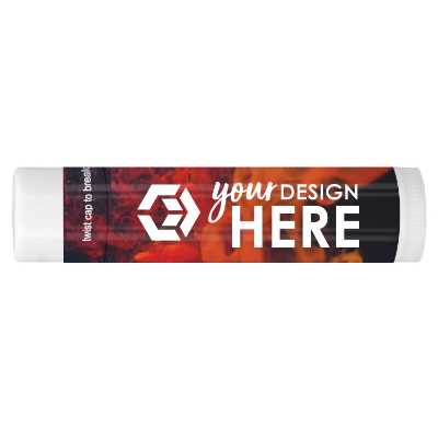Orange/black background branded lip balm with a custom logo.