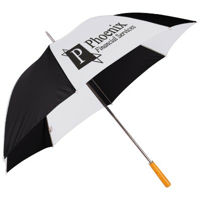 Branded 60 inch white and black golf panel umbrella.