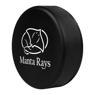 Black foam stress ball with a custom logo.