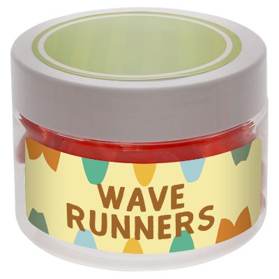 Clear plastic jar with a personalized logo.
