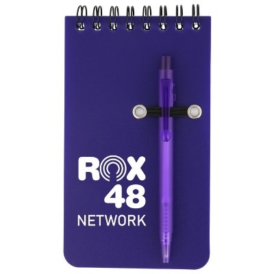 Plastic and paper black pocket spiral jotter with pen and logo.