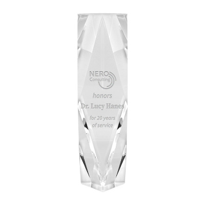 Crystal award with custom laser engraved imprint.