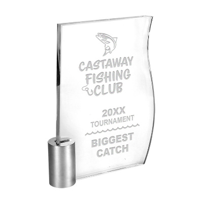 Crystal award with custom laser engraved imprint.