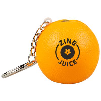 Orange foam stress ball keychain with a custom logo.