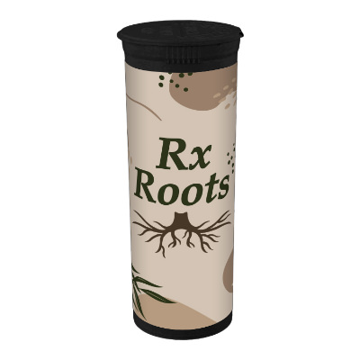 Black vial with custom full color logo on label.