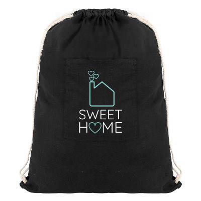 Black cotton laundry bag with a personalized logo.