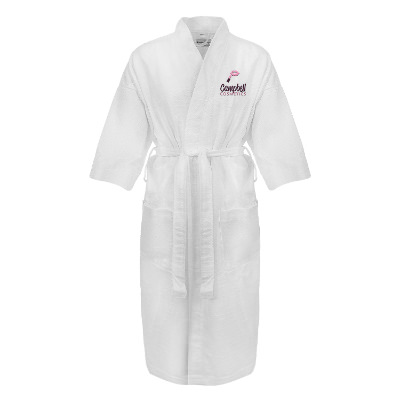 White cotton robe with custom embroidered imprint.