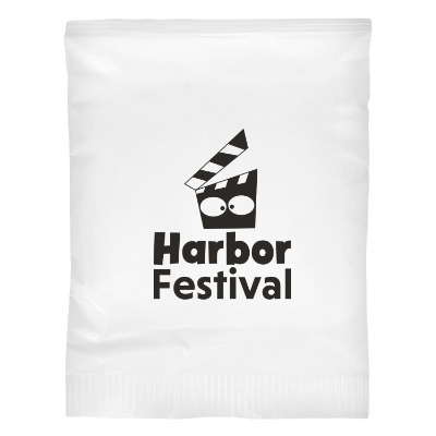 White plastic drink mix pack with a custom logo.
