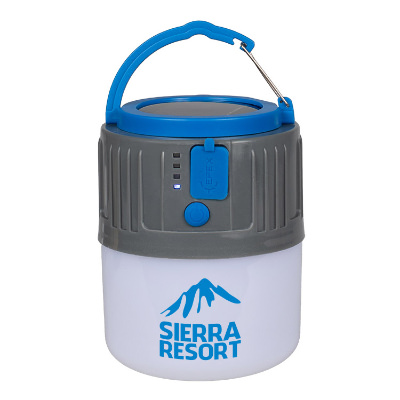 Plastic blue lantern with custom logo.