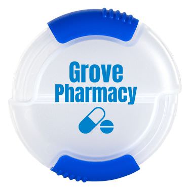 Plastic clear with blue custom pill box.