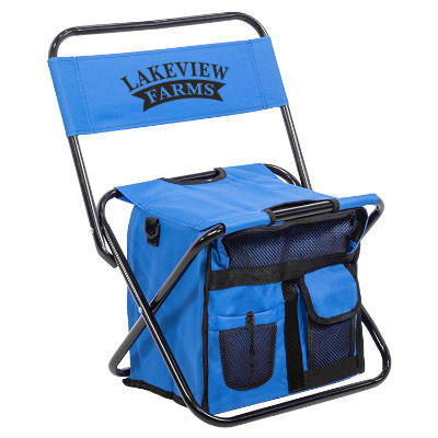 Blue polyester chair with a custom logo.