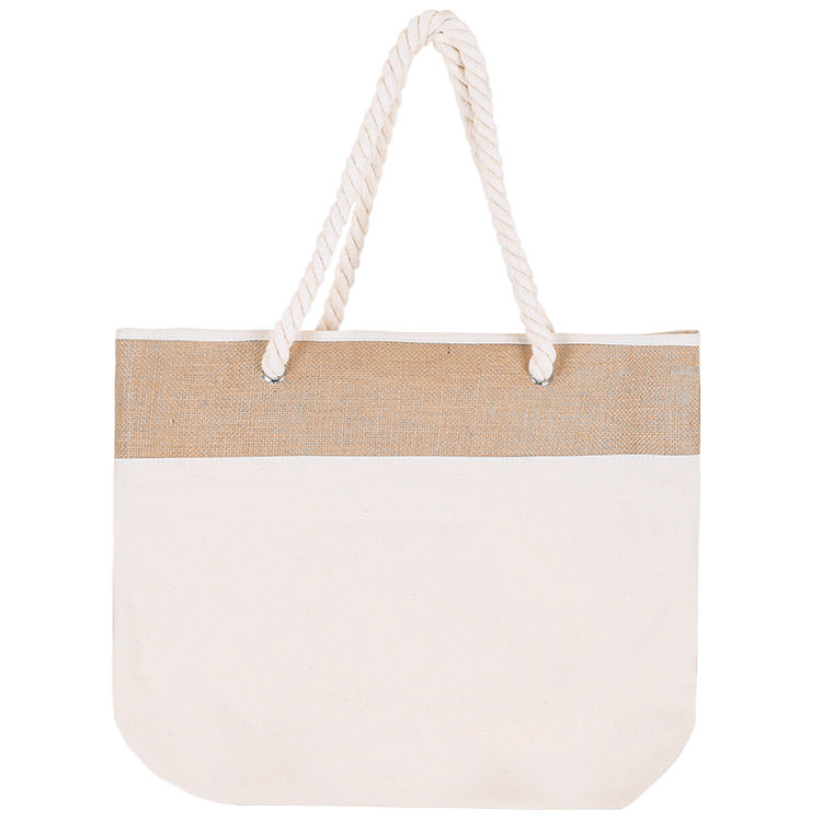 Cotton canvas natural beige rope tote blank.