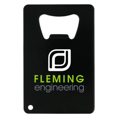Metal black business card bottle opener with full color custom imprint.