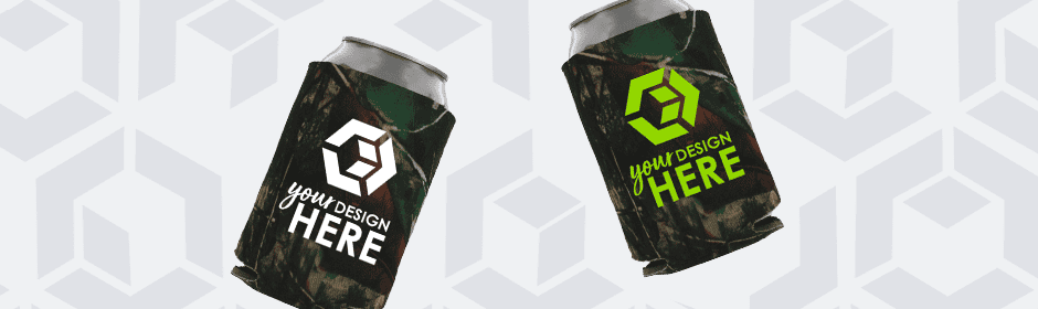 Camouflage can coolers with imprint.