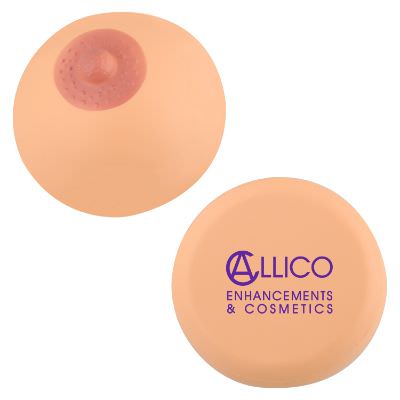 Foam pink breast stress ball with a promotional imprint.