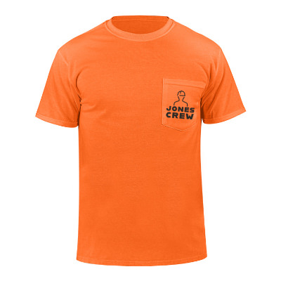 Custom safety orange active pocket t-shirt with logo.