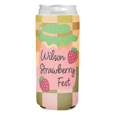 Checkered slim can cooler with custom full color imprint.