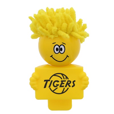 Plastic yellow webcam cover with a branded logo.