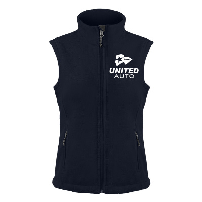 Navy vest with custom logo.