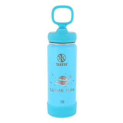 Stainless steel glow worm blue water bottle with custom engraved logo in 18 oz.