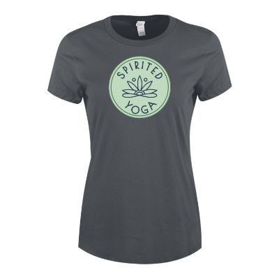 Charcoal women's t-shirt with personal full color logo.