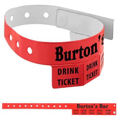 Red vinyl wristband with a branded imprint.