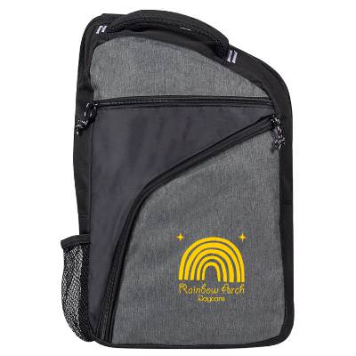 Gray two-tone backpack with custom logo.