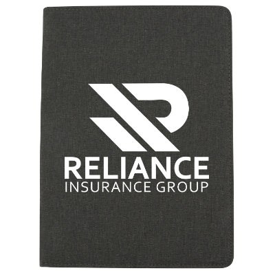 Logo on charcoal padfolio.