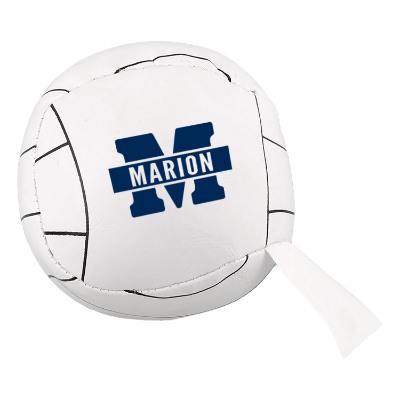 White vinyl sports ball with a custom logo.