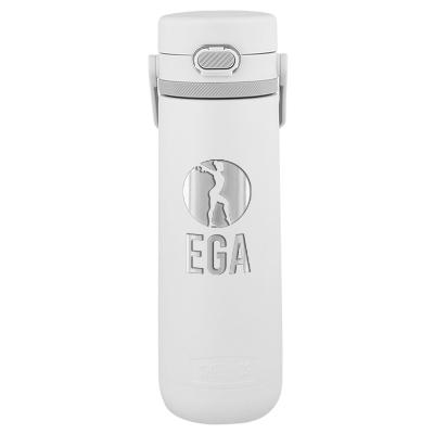 White stainless steel bottle with engraved imprint.