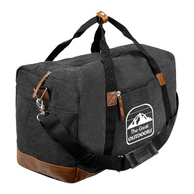 Gray with tan accent duffel bag with custom white imprint.
