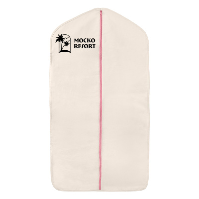 Pink canvas garment bag with a branded imprint.