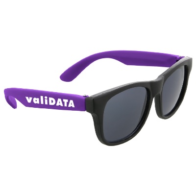 Tiny tot plastic sunglasses with one color custom imprint.