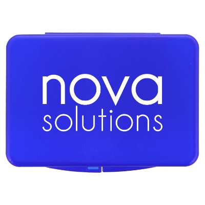Blue plastic first aid kit with a branded logo.