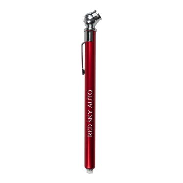 Engraved tire gauge with a custom logo.