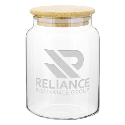 Clear glass jar with a custom logo.