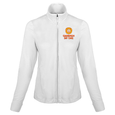 Personalized white jacket with embroidered logo.