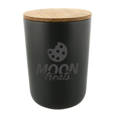 Stoneware extra large container with promotional laser engraved imprint.