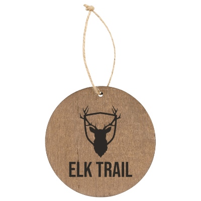 Wood fiberboard ornament with a branded logo