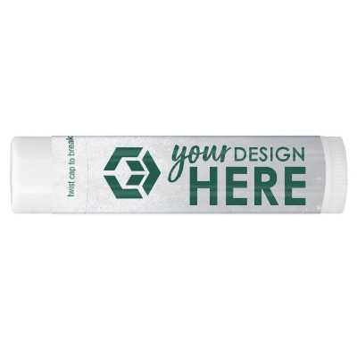 Black background lip balm with a promotional logo.