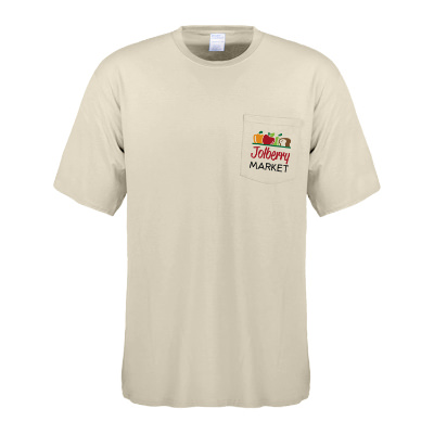 Custom full color imprint on tall natural pocket tee.