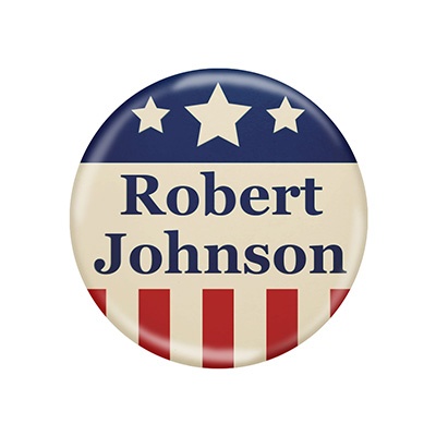 Celluloid white full color button with a custom imprint.