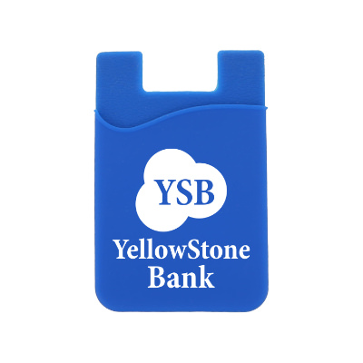 Blue silicone phone wallet with a personalized imprint.