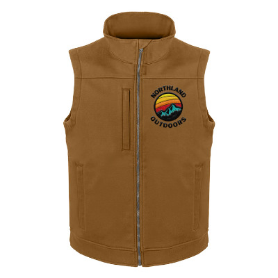 Brown soft shell vest with custom embroidered logo.