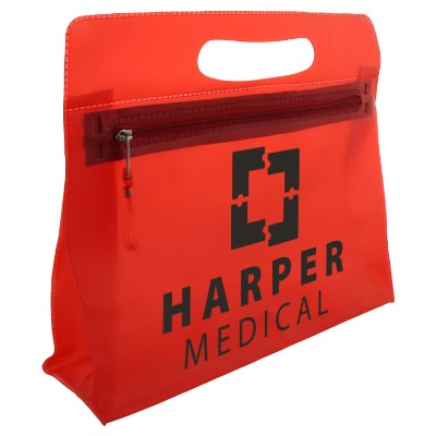 Red vinyl travel kit with a custom logo.