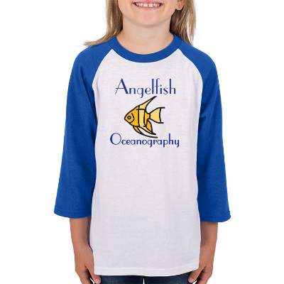 Youth full color personalized blue and white 3/4 sleeve t shirt.